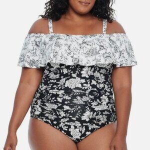 Ralph Lauren Black White Toile Floral Slimming Ruffle One Piece Swimsuit NWT!